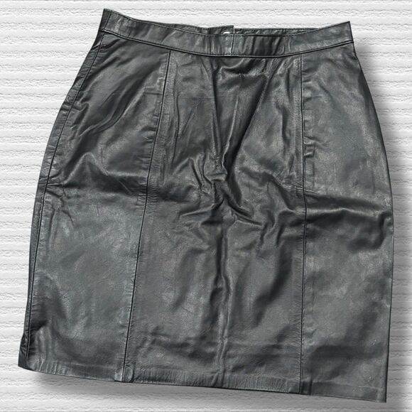 mgr Genuine Leather Skirt Black High Waist Pencil Lined Vintage USA 5/6 90s - Picture 1 of 8